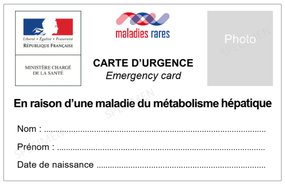 Carte urgence - maladie héréditaire du métabolisme hépatique