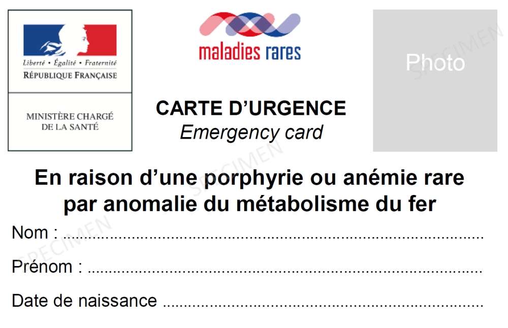 Carte urgence - porphyrie ou anémies rares par anomalie du métabolisme du fer