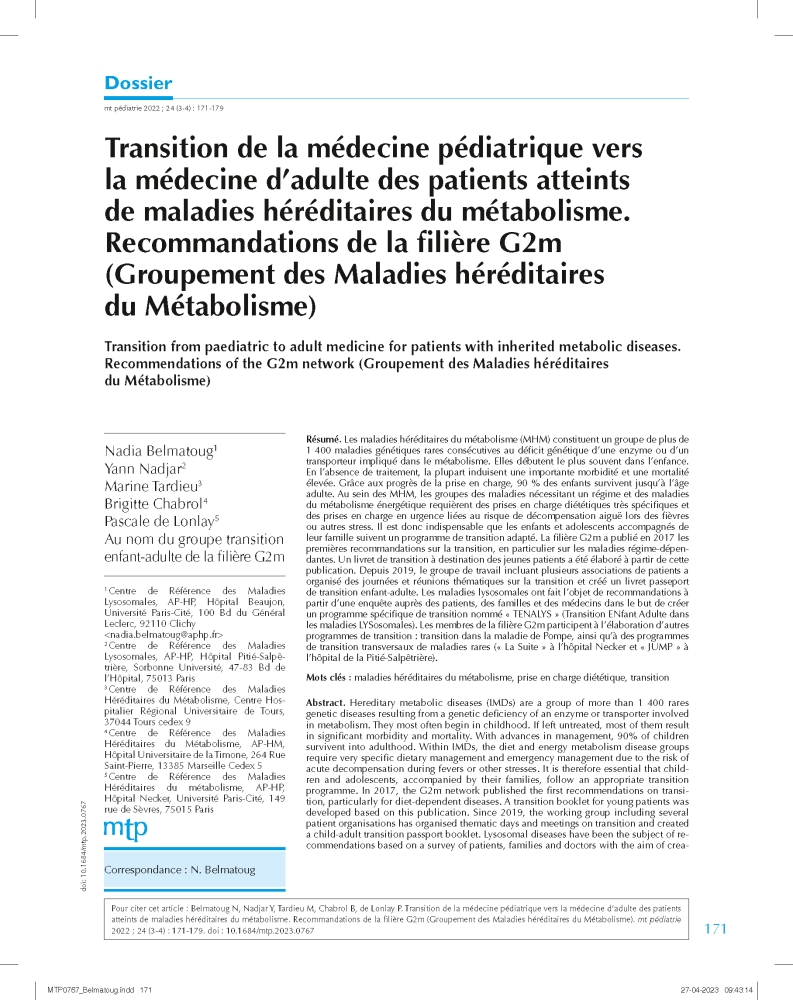 Article : Recommandations de la filière G2M pour la transition enfant-adulte des patients atteints de MHM